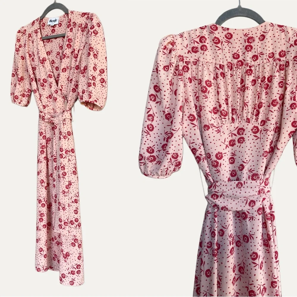 ROUJE Peach Pink Red Retro Classic Floral Dot Printed Rosalie Midi Wrap Dress - Picture 3 of 14
